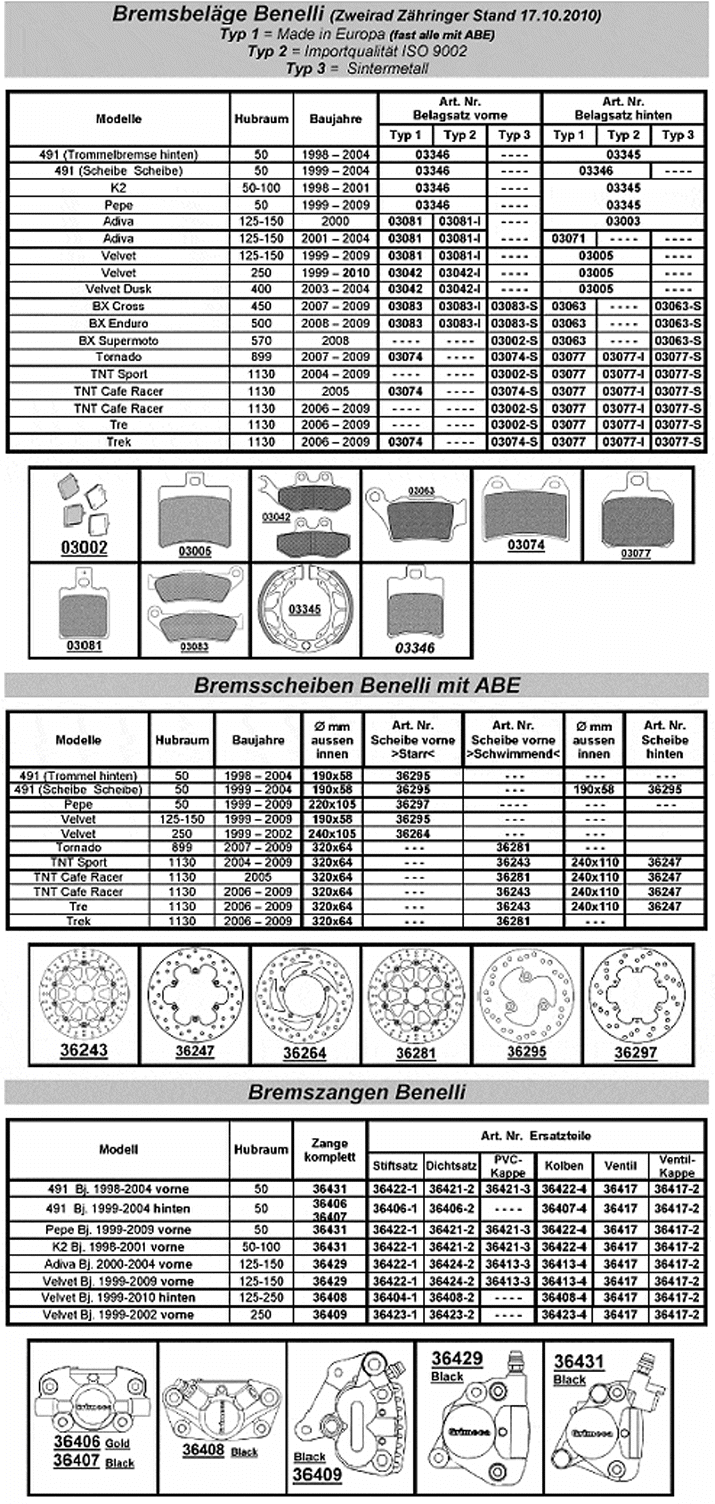 Bremsbeläge + Bremsscheiben Benelli