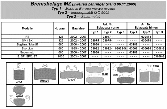 Bremsbeläge + Bremsscheiben MZ